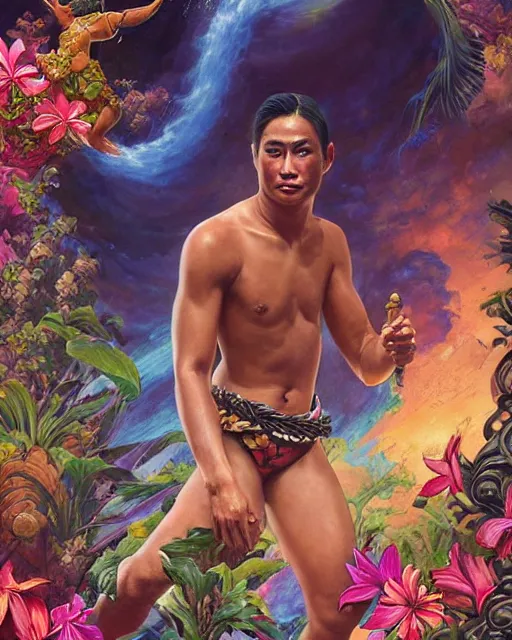 Prompt: young duke kahanamoku as a hawaiian warrior emerging from a surrounded intergalactic planets connected by streams of multiversal flow, sigma male, gigachad, lush garden of majestic flowers, visually stunning, luxurious, by wlop, james jean, jakub rebelka, tran nguyen, peter mohrbacher, yoann lossel