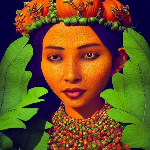 Prompt: A beautiful portrait of a Nepali woman pumpkin queen, vibrant color scheme, highly detailed, in the style of romanticism, cinematic, artstation, character portrait, epic fantasy, 3d with depth of field, blurred background, female, nautilus. A highly detailed epic cinematic concept art CG render. made in Maya, Blender and Photoshop, octane render, excellent composition, cinematic dystopian brutalist atmosphere, dynamic dramatic cinematic lighting, aesthetic, stylized, very inspirational, Greg rutkowski, Koda Kazuma, Hayao Miyazaki, Tetsuya Nomura, Yusuke Murata, digital art by Eugene de Blaas and Ross Tran