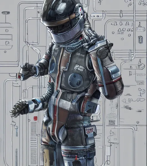 Image similar to realistic cyberpunk japanese engineer with long limbs and a black spacesuit welding a wall, techwear, dead space, visible face, Industrial Scifi, detailed illustration, character portrait, by Martin Grip and Moebius