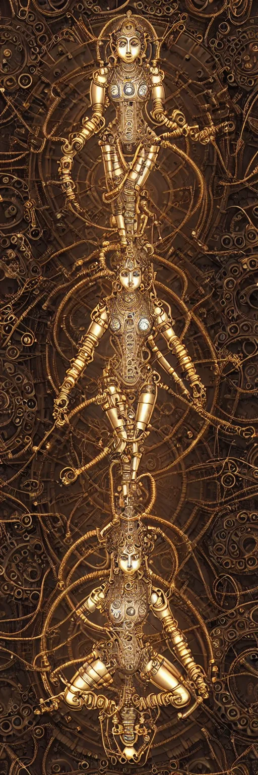 Prompt: seamless pattern of steampunk cybernetic biomechanical hindu goddess dugra, 3 d model, very coherent symmetrical artwork, unreal engine realistic render, 8 k, micro detail, gold white plastic and steel intricate, elegant, highly detailed, digital painting, artstation, smooth, sharp focus, illustration, artgerm, tomasz alen kopera, wlop