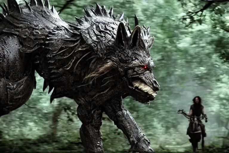 Image similar to vfx movie closeup detailed ancient armored warrior orc hunting riding large wolf in the forest, natural lighting by emmanuel lubezki