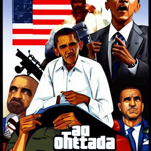 Prompt: Obama Bin Laden in the style of GTA cover art