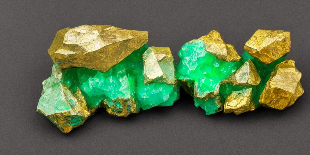 Prompt: lumpy emerald and gold nuggets with thin colorful marble veins, roughed up bismuth, dramatic lighting, 3 5 mm