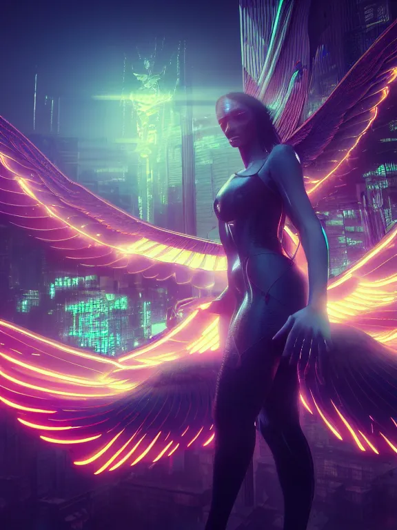 Prompt: cyberpunk, icarus, fractal, neon lights, large pair of wings, futuristic city, cinematic, sunlight, ultra realistic, octane render, alphonse mucha, artgerm, character concept, very detailed, elegant, lonely atmosphere