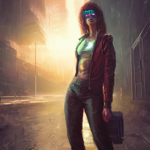 Image similar to molly from neuromancer, extremely detailed portrait of a young cyberpunk woman, eye implants, sunset, cyberpunk city background, painted by seb mckinnon, high detail, digital art, painted by greg rutkowski, trending on artstation