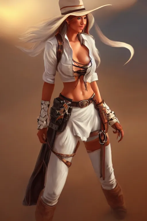 Image similar to full body, female cowgirl, perfect face, white blouse, holster, 8 k, magic the gathering, desert, d & d, artstation, high detail, smooth, muscular