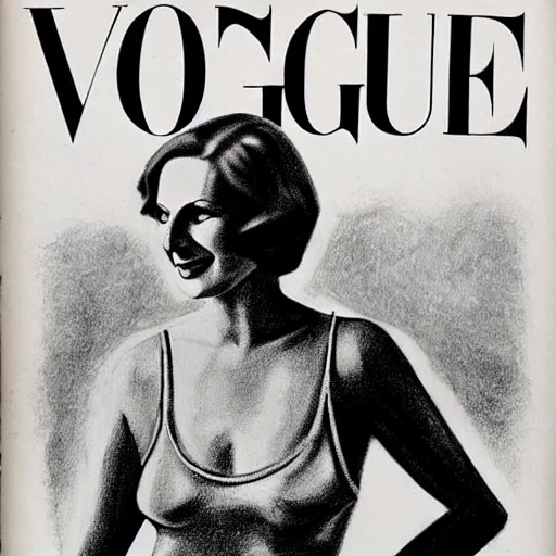 Image similar to a 1 9 2 8 cover of vogue. happy, healthy, beautiful, smiling, young, sporty, glowing greta garbo in decent swim wear. realistic detailed drawing