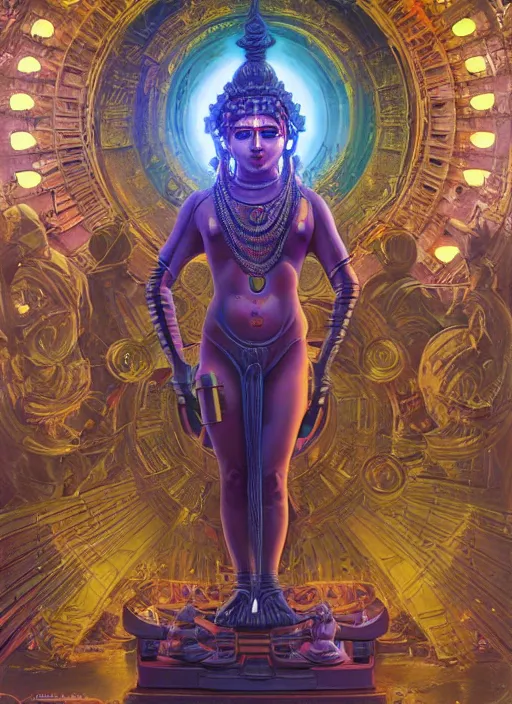 Image similar to cybertronic shiva statue in a hindu temple, futuristic, neal ashermiles johnston kuroda realism ozabu john william godward, painterly, yoshitak, sci - fi, cyberpunk, artstation, conceptual, hyperdetailed, donato giancola, james gurney, neon lights, mood lighting, rust