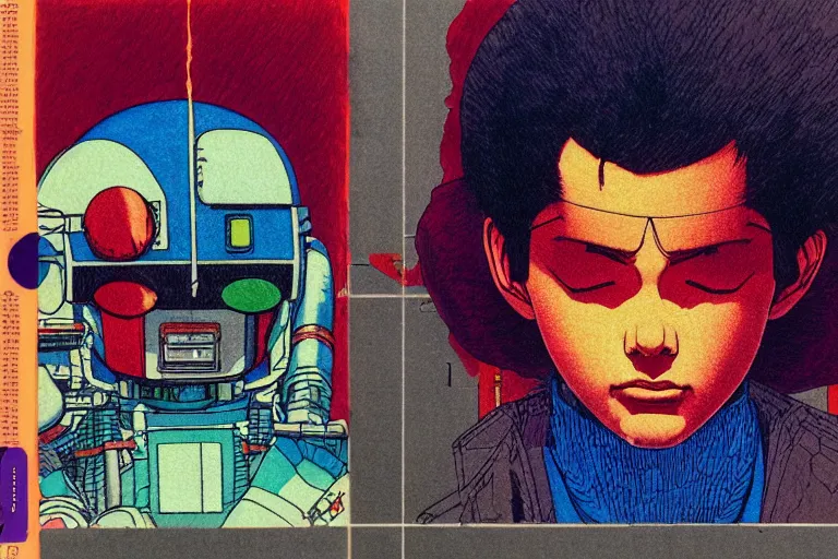 Prompt: risograph grainy drawing vintage sci - fi, satoshi kon color palette, gigantic gundam, 1 9 8 0, kodachrome, natural colors, comicbook spreadsheet, codex seraphinianus painting by moebius and satoshi kon and dirk dzimirsky close - up portrait