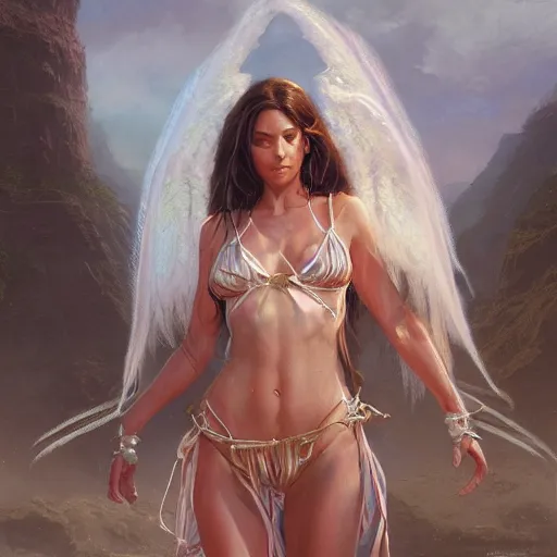 Prompt: Angelic woman in bikini armor with flowing cloth ribbons, D&D, elegant, vibrant, fantasy, intricate, smooth, by james gurney, greg rutkowski, john howe artstation