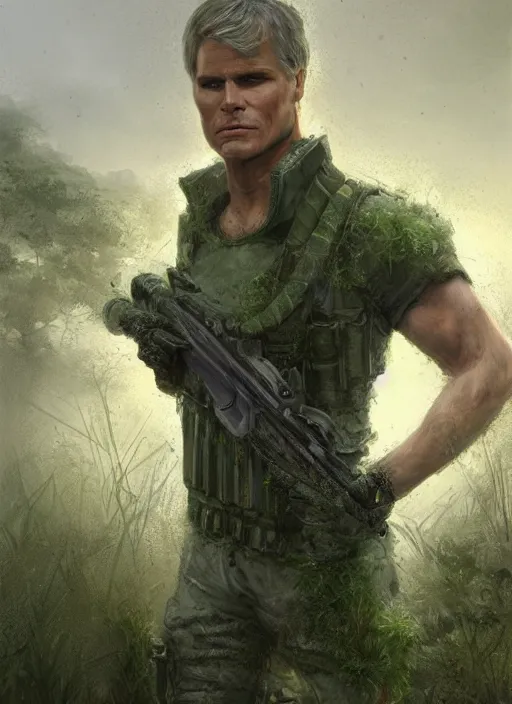 Prompt: portrait of a young richard dean anderson wearing a green combat uniform, in a post appocalyptic city overgrown by plants, by wlop, by luis royo, by greg rutkowski, cover illustration, concept art, volumetric lighting, volumetric atmosphere, sharp focus, octane render, trending on artstation, 8 k