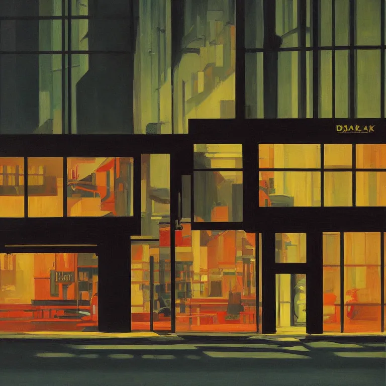 Prompt: dark city all stores closed, except one store glowing inside between dark closed stores, painted by Edward Hopper and James Gilleard, oil painting