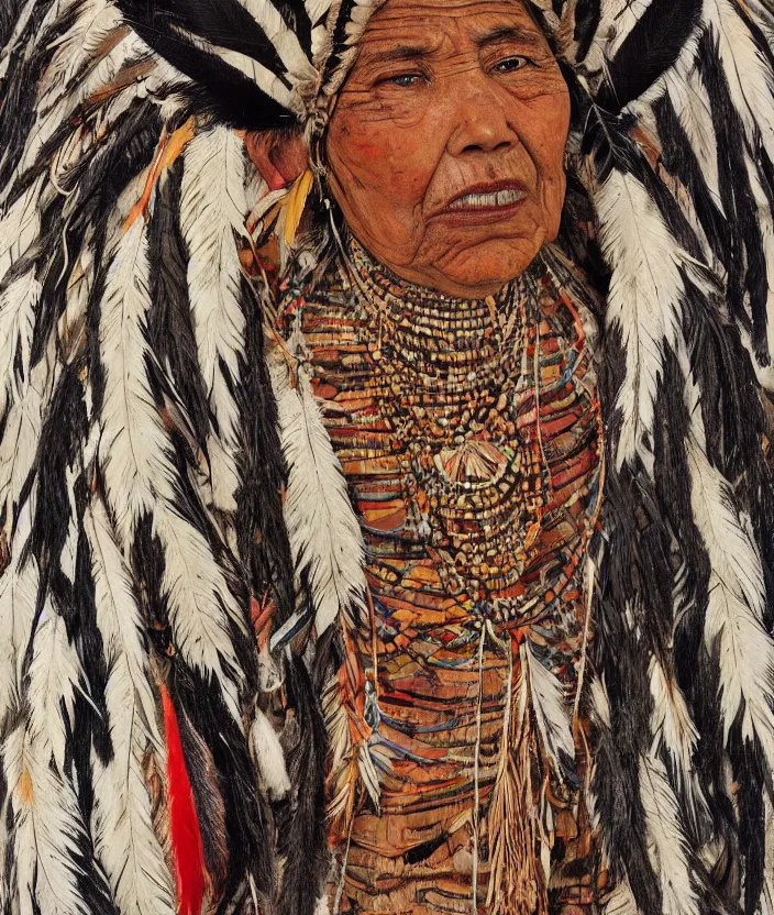 Prompt: full body shot picture of indigenous people woman leader in canyon, painted by lucian freud, intricate costume design, beautiful feathers, hd, super detailed, realistic, muted colors