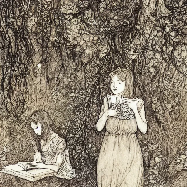 Image similar to a detailed, intricate watercolor and ink portrait illustration with fine lines of young 1 4 year old scarlett johannson happily reading under a tree, by arthur rackham and edmund dulac and lisbeth zwerger