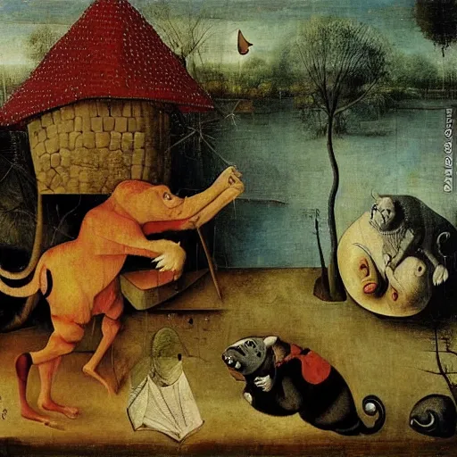 Image similar to in a dream world, a tiger tries to close an important deal, a pig tries to prevent the success of the deal, in the style of hieronymus bosch, part by victor stabin, part by afro, part by cagli, epic composition, insanely quality, only with red and crimson colors, masterpiece