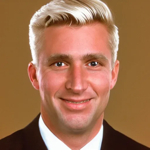 Image similar to official portrait of the united states president, 1994. He is a 35 year old white man from Texas with blond hair and a scar on his cheek.