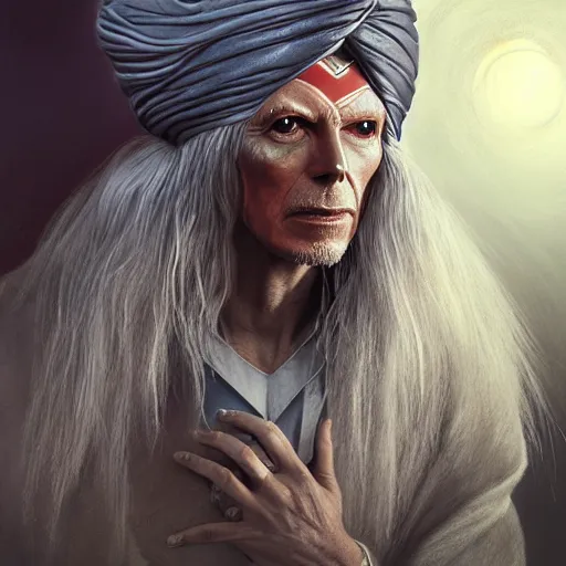 Prompt: portrait of david bowie in labyrinth with long grey hair wearing a sufi turban glowing teardrop - shaped prism pendant on a leather thong, art by greg rutkowski, jesper ejsing, ilya kuvshinov, fantasy, highly detailed, unreal engine, complementary colors, studio photography, matte painting, 8 k