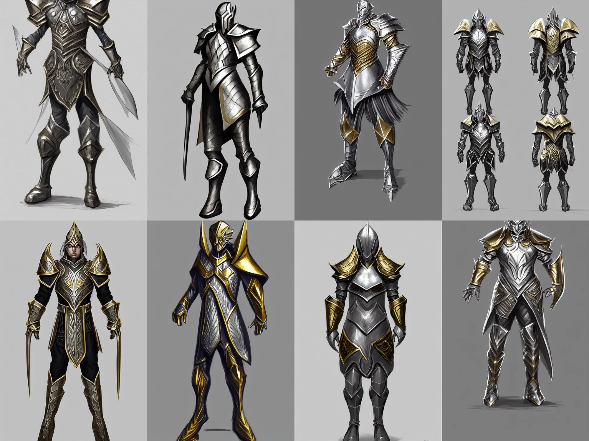 Prompt: wizard armor, big shoulders, concept sketch, silver with gold trim, extremely polished, heavy exaggerated proportions, flat shading, smooth, uncluttered, extremely clean, fantasy character portrait, professional concept art, orthographic front view, A-pose, full body