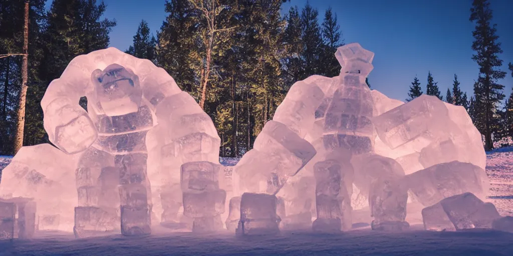 Prompt: giant ice sculpture of a golem, fire, glow, cinematic photo, forest, mountain, concept art