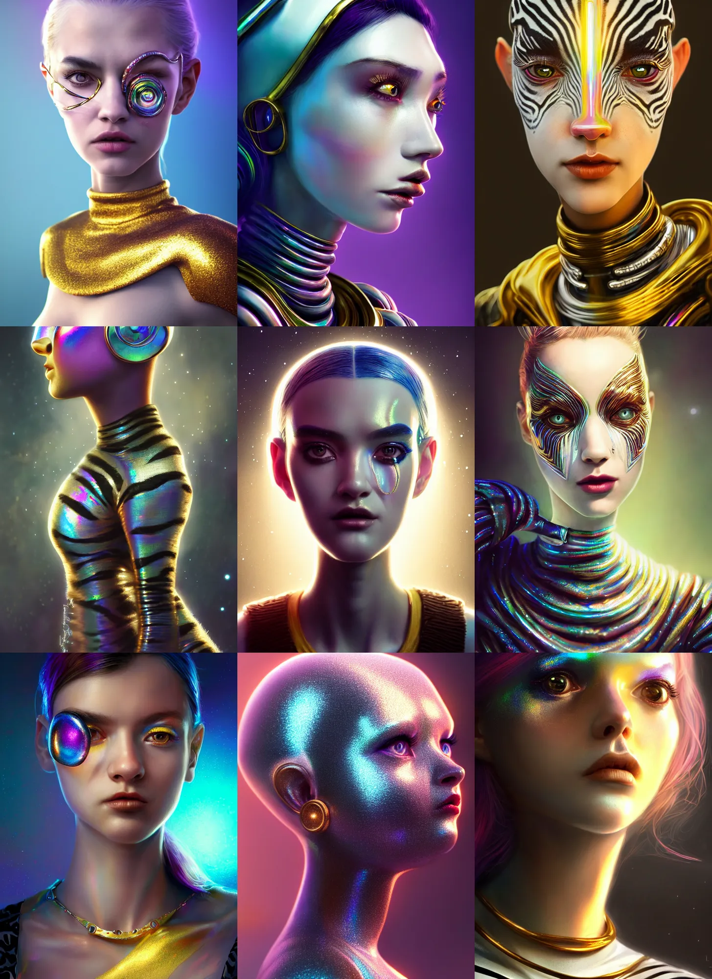 Prompt: pixar portrait 8 k photo, beautiful shiny white porcelain rich galactic iridescent clowncore zebra russian cyborg college girl, jewelry, golden ratio, sci fi, fantasy, cyberpunk, intricate, decadent, highly detailed, digital painting, octane render, artstation, concept art, smooth, sharp focus, illustration, art by artgerm, loish, wlop