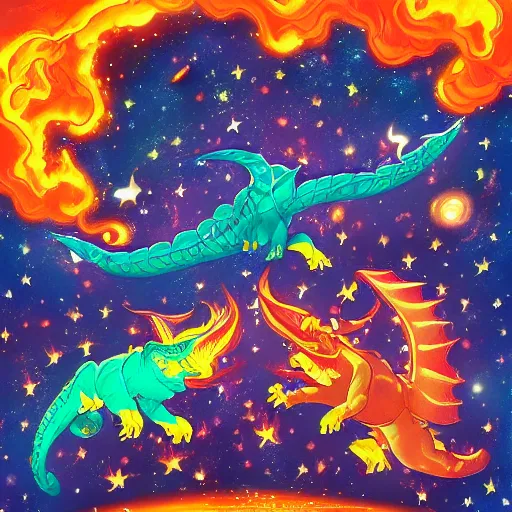 Prompt: two giant space dragons fighting across outer space, starry colour fire flames from nostrils