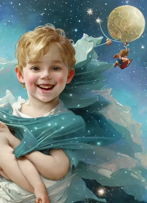 Prompt: a cute little boy with a round cherubic face, blue eyes, and tousled blonde hair smiles as he floats in space with stars all around him. She is wearing a turquoise outfit. Beautiful painting by Artgerm and Greg Rutkowski and Alphonse Mucha