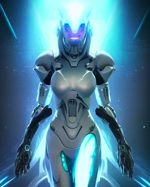 Image similar to perfect android girl on a mothership, warframe armor, beautiful face, scifi, futuristic, galaxy, nebula, raytracing, dreamy, long white hair, blue cyborg eyes, sharp focus, cinematic lighting, highly detailed, artstation, divine, by gauthier leblanc, kazuya takahashi, huifeng huang