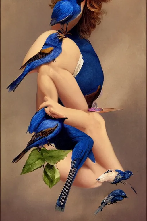 Prompt: portrait of sophie marceau as pinup girl holding an indigo bunting, bird, the bird is wearing a bowtie, by greg rutkowski, rossdraws, gil elvgren, enoch bolles, porcelain skin, glistening, very coherent,