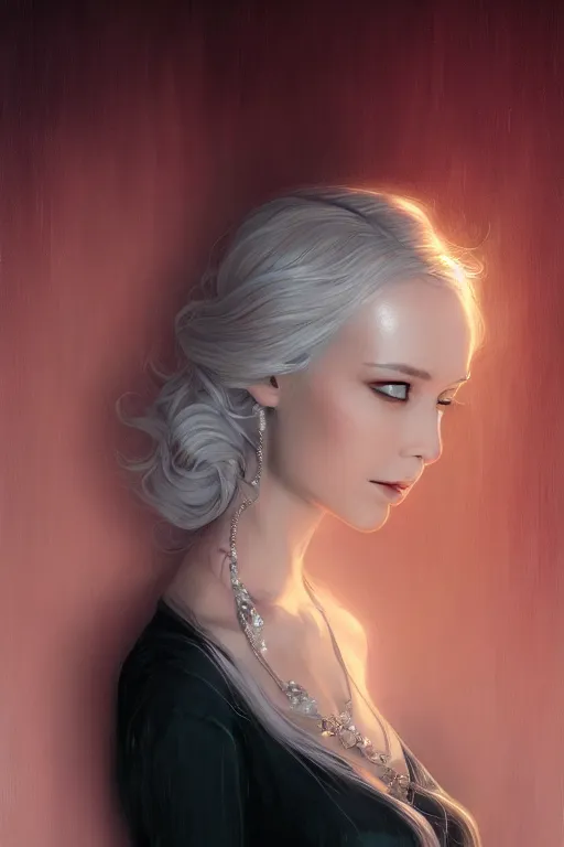 Image similar to dramatic lighting by wlop, stunning portrait female holding crystal white hair, blush, rose necklace, flowing hair, slim face, elegant, terry moore, barclay shaw, karol bak, greg rutkowski