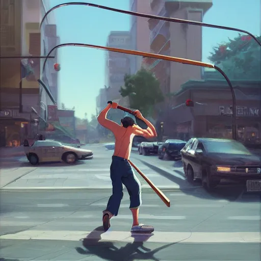 Image similar to a man swinging a 2 x 4 in the middle of the street in california by makoto shinkai, stanley artgerm lau, wlop, rossdraws