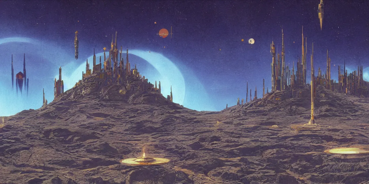 Image similar to artwork in the style of finnian macmanus and in the style of chesley bonestell.