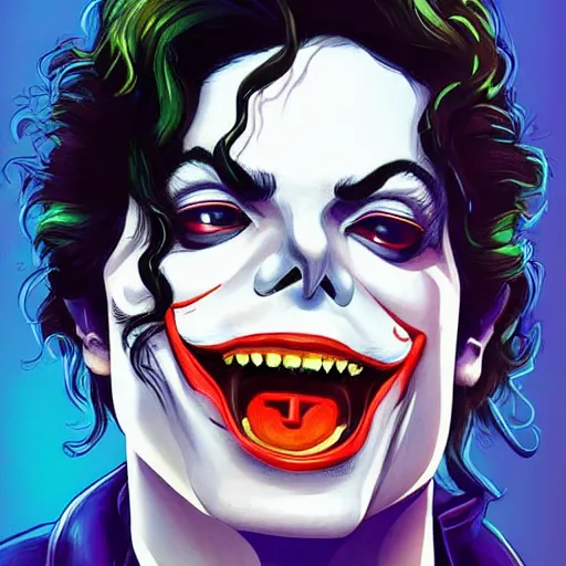 Image similar to michael jackson as the joker laugh on camera. symmetrical anatomy, hyperdetailed, coloured comic, baroque, pop punk art style, fantasy, without duplication, art by ilya kuvshinov and vinicius gud and gustavo zambelli, intricate, trending artstation, dribble popular.