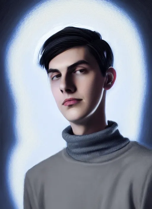 Image similar to portrait of teenage jughead jones wearing a light grey crown, crown, blue turtleneck, 1 9 5 0 s, closed eyes, photorealistic, black hair, glowing lighting, intricate, elegant, glowing lights, highly detailed, digital painting, artstation, concept art, smooth, sharp focus, illustration, art by wlop, mars ravelo and greg rutkowski