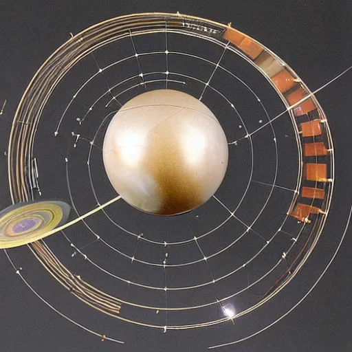 Image similar to a kinetic sculpture of this solar system, sun, mercury, venus, earth, mars, jupiter, saturn, uranus, neptune, pluto, orrery, canon 5 d 5 0 mm lens, papier - mache, studio, circa 1 8 9 5