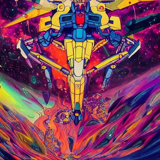 Prompt: An extremely Gundam psychedelic experience, colorful, surreal, mecha, LSD, face, jet turbine, tarot, detailed, intricate, elegant, highly detailed, super detailed, insane detailed, digital painting, concept art, smooth, sharp focus, illustration, art by josan gonzales, Krenz Cushar, Marco Plouffe, dan mumford, Artem Demura and alphonse mucha