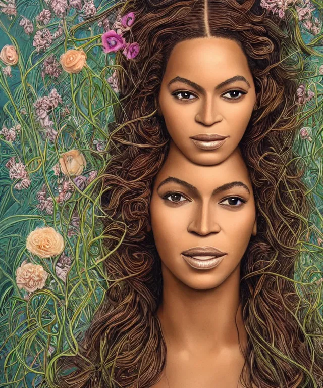 Image similar to facial portrait of Beyonce as a young pretty woman in flowing dress, arrogant, mysterious, long fine flowing hair, delicate, looking at camera, slightly awkward smile, realistic face, no hands visible, intricate, stylish, elegant, grimdark fantasy, flowers, extremely detailed painting by Martine Johanna and Ernst Haeckel and Greg Rutkowski