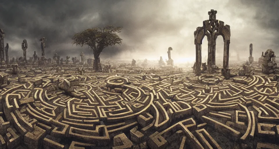 Prompt: circular bone labyrinth made out of giant bones, art deco medieval style, grimdark vibes, golden skeleton statue in center of labyrinth, abandoned vibes, gloomy moody clouds, god sun rays, complimentary color scheme, G liulian Art style, dynamic lighting, highly detailed, cinematic landscape, octane render, unreal engine