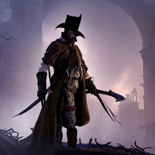 Image similar to a detailed 3 d render of darkwing duck dressed as the hunter from bloodborne, bloodborne, digital art, dark fantasy, concept art, soulslike, by alphonse mucha, blood moon eclipse, wherewolves in a ruined building in the background, artstation, 8 k, unreal engine render