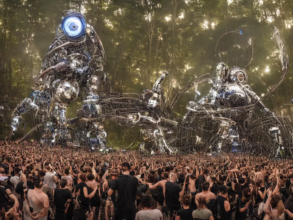 Image similar to an incredible masterpiece of a cyborg dj is playing a vast array of highly evolved and complex musical technology on a stage surrounded by an incredible and complex circular robotic structure playing highly evolved music overlooking a crowd at a forest festival lit by fire, by craig mullins