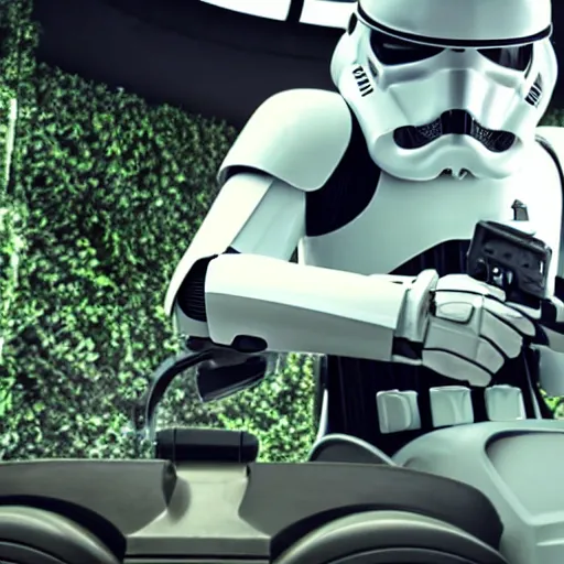 Image similar to An Imperial Stormtrooper riding a lawnmower in an alien spaceship, 4K HD