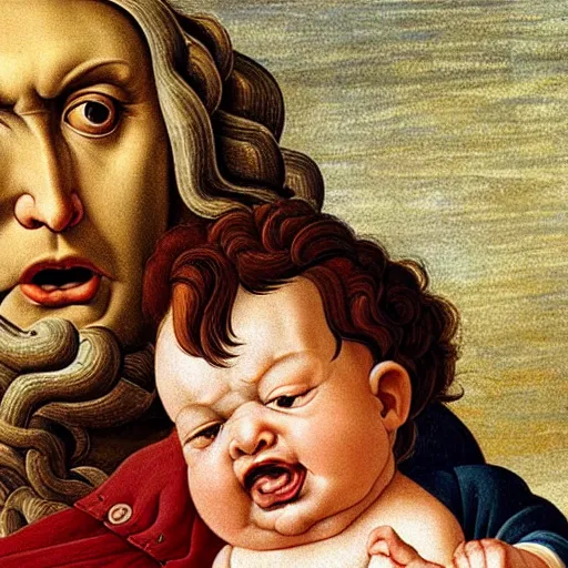 Image similar to extremely angry doctors yelling at babies for eating his corn and incredible realism closeup portrait by botticelli hd