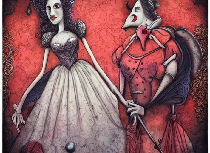 Image similar to alice joins a game of croquet with the queen of hearts, dramatic, art style megan duncanson and benjamin lacombe, super details, dark dull colors, ornate background, mysterious, eerie, sinister