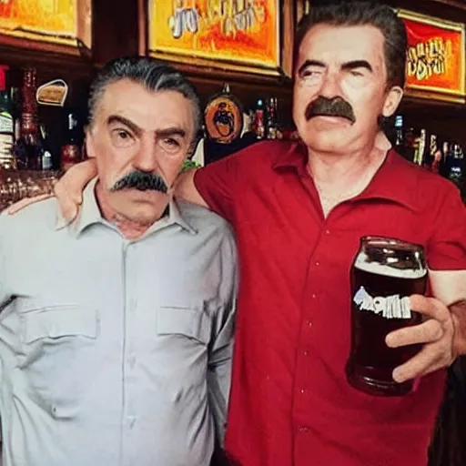 Prompt: recent photo of joseph stalin spotted alive in a bar in brazil drinking beer and using casual clothes, red shirt, 4 k, high - detailed, recent photo