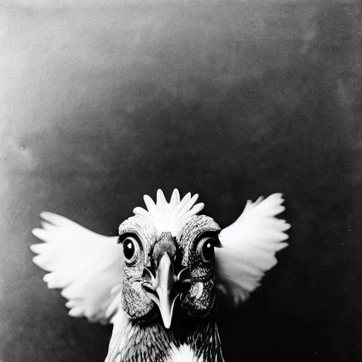 Image similar to A black and white 1900's photo of a chicken, close up, high detail, realistic.