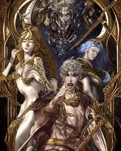 Prompt: the gods of olympus, baroque style, elegant, beautiful, mesmerizing, concept art, highly detailed, artstation, behance, deviantart, inspired by innocent manga, inspired by castlevania concept art, trending, ayami kojima, shinichi sakamoto