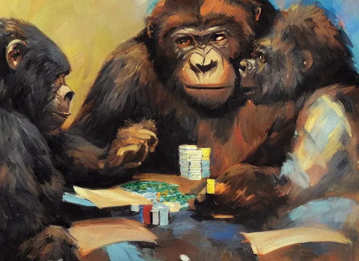 Image similar to gorrila and a bear playing poker, highly detailed beautiful, by gregory manchess, james gurney, james jean