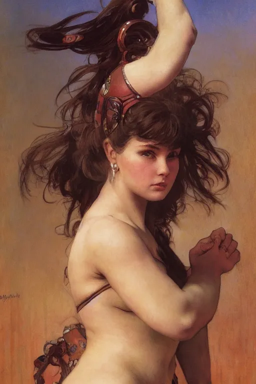 Image similar to portrait of a beautiful chonky young female warrior in the middle of a fight as drawn by by frank frazetta, loish, alphonse mucha, frank frazetta, thomas moran, mandy jurgens, fashion photography 8 k subsurface scattering, soft light