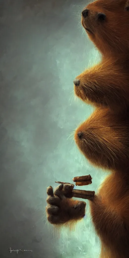 Image similar to oil painting of anthropomorphized capybara smoking a cigar, detective clothes, close shot, full body, dark steampunk mine shaft background, sharp focus, fantasy style, octane render, volumetric lighting, 8k high definition, highly detailed, trending on art Station, dungeons and dragons artwork, centered