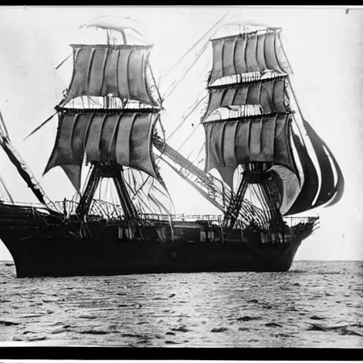 Image similar to an impossibly huge pirate ship that's also a skull. 1910s photograph