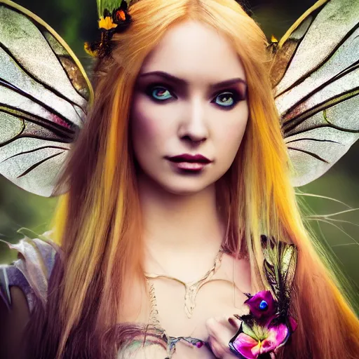 Image similar to a beautiful female human warlock portrait, focus on face, sharply focussed, brightly colored, dress, long blonde hair, fairy, fae, fantasy, medieval, still, photograph, highly detailed, trending on artstation